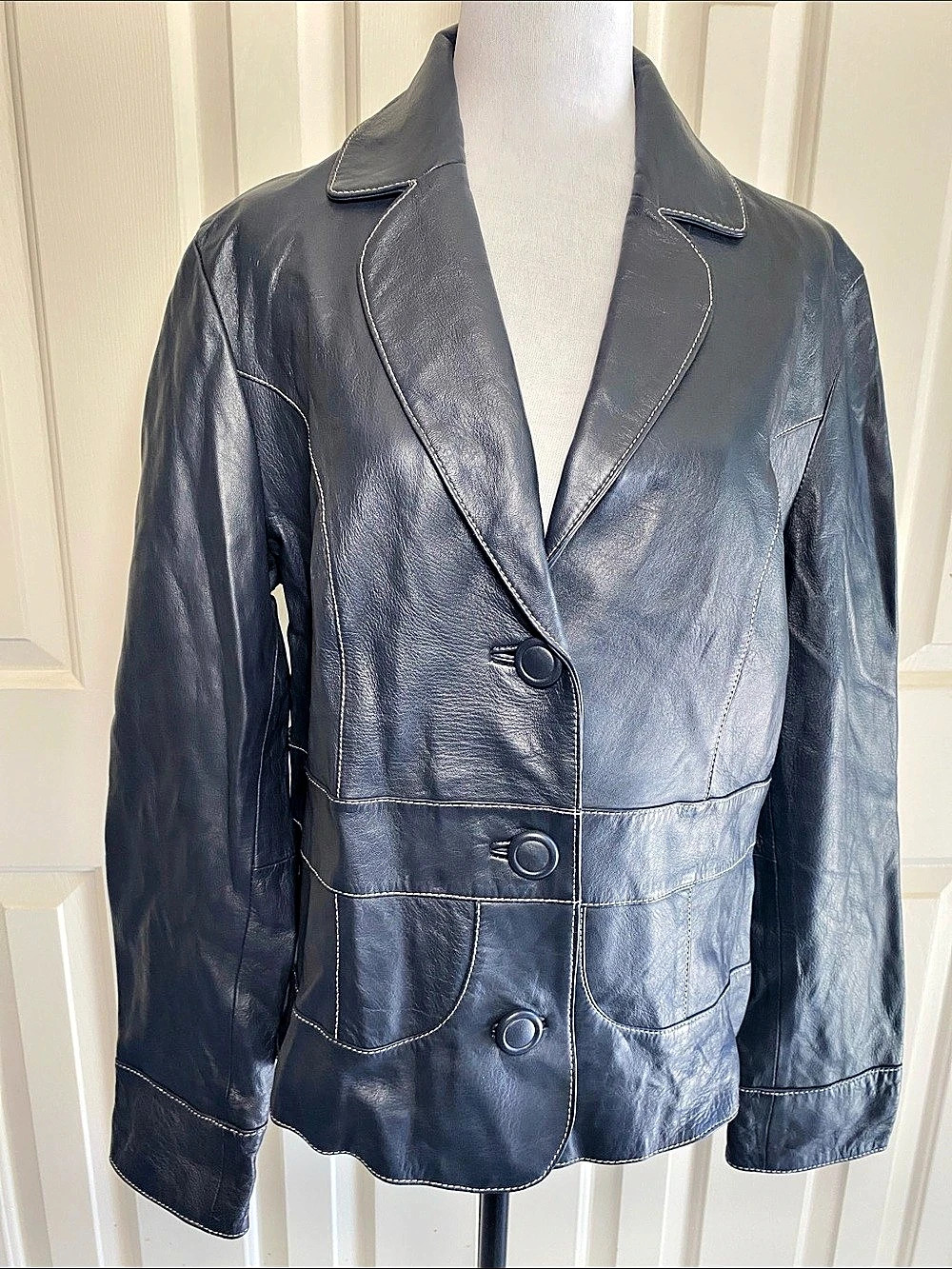 Wilson Leather Blazer Jacket in Navy Size Large